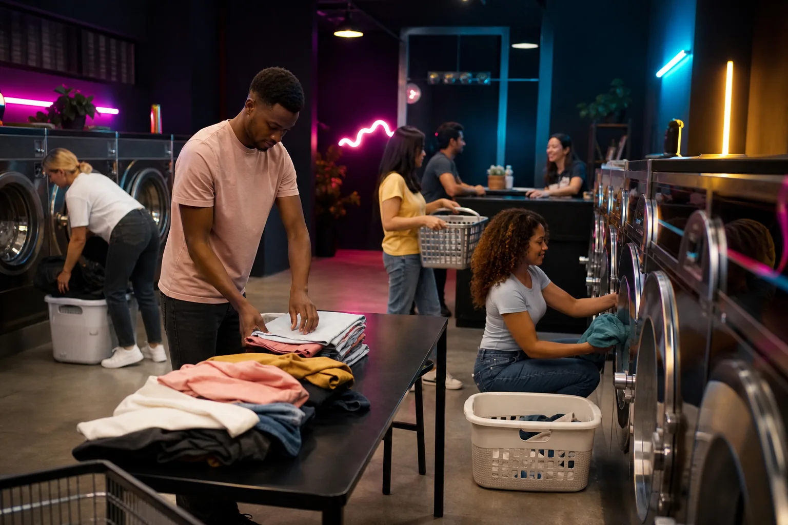 Customers enjoying a modern neighborhood laundromat