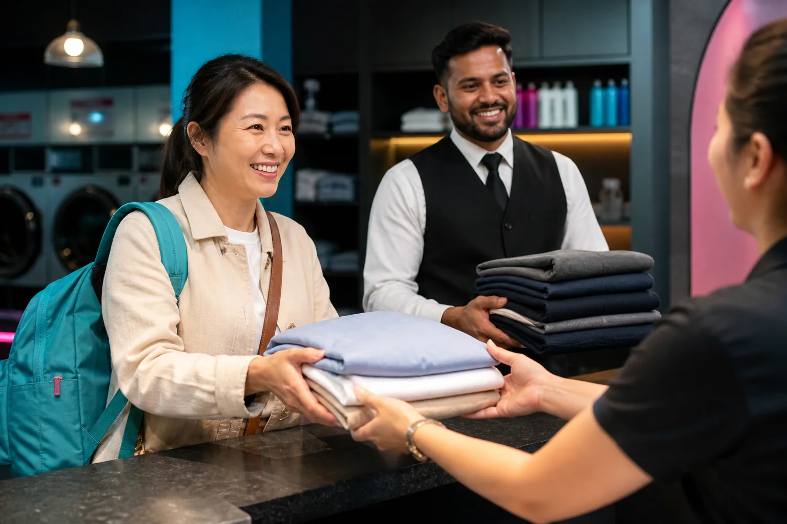 Customers collecting separate same-day laundry orders