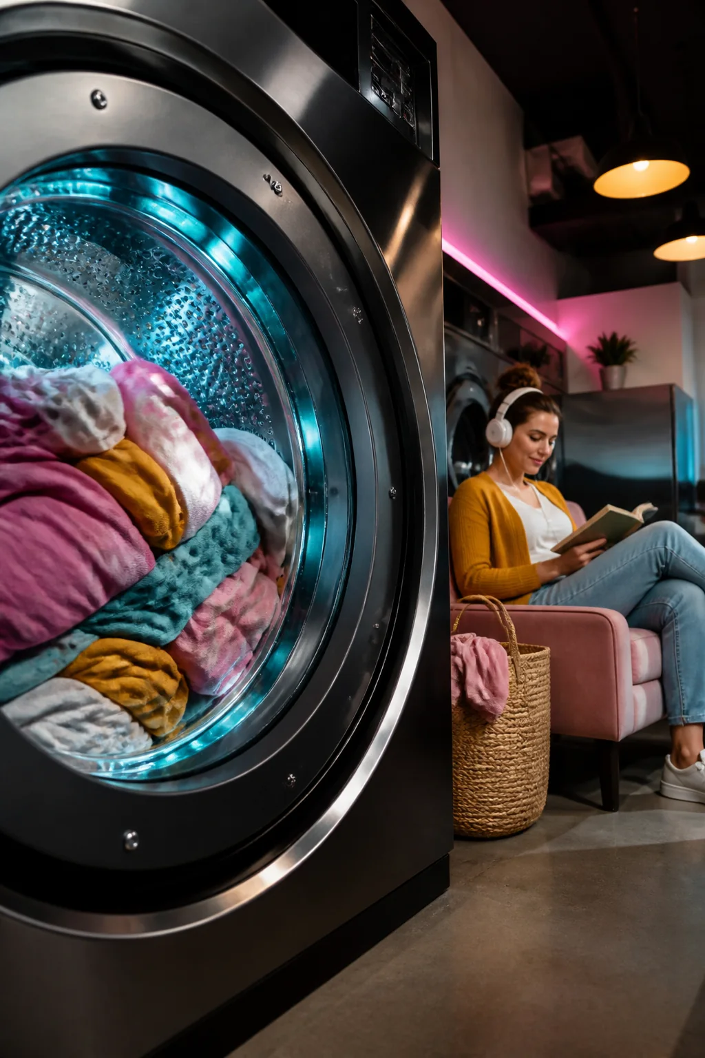 Large-capacity washer running while a customer relaxes nearby