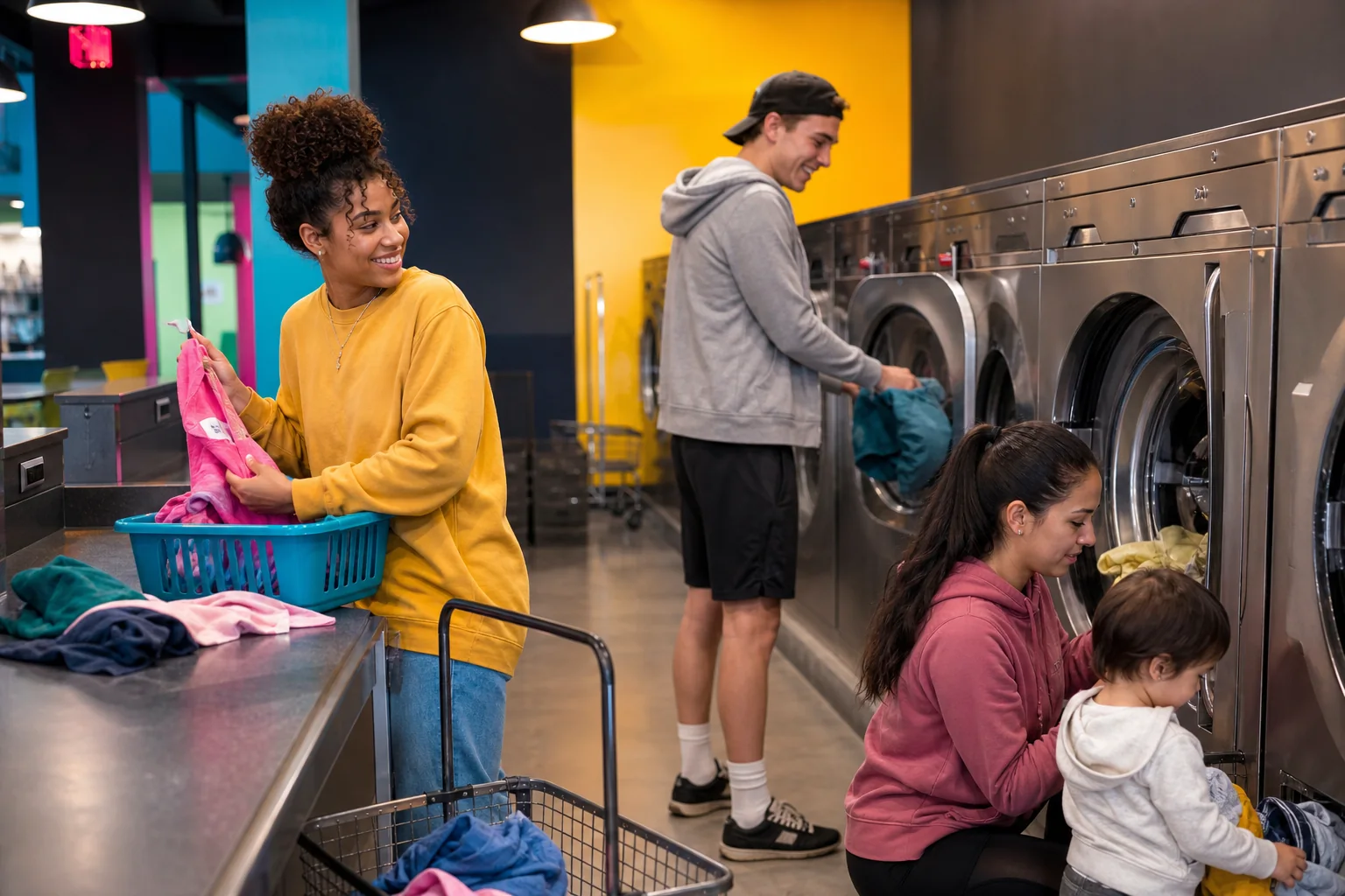 Customers handling separate self-service laundry loads