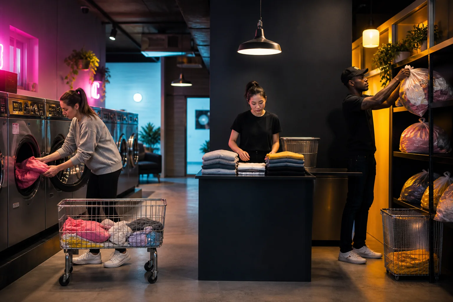 Self-service, wash and fold, and express laundry options in action