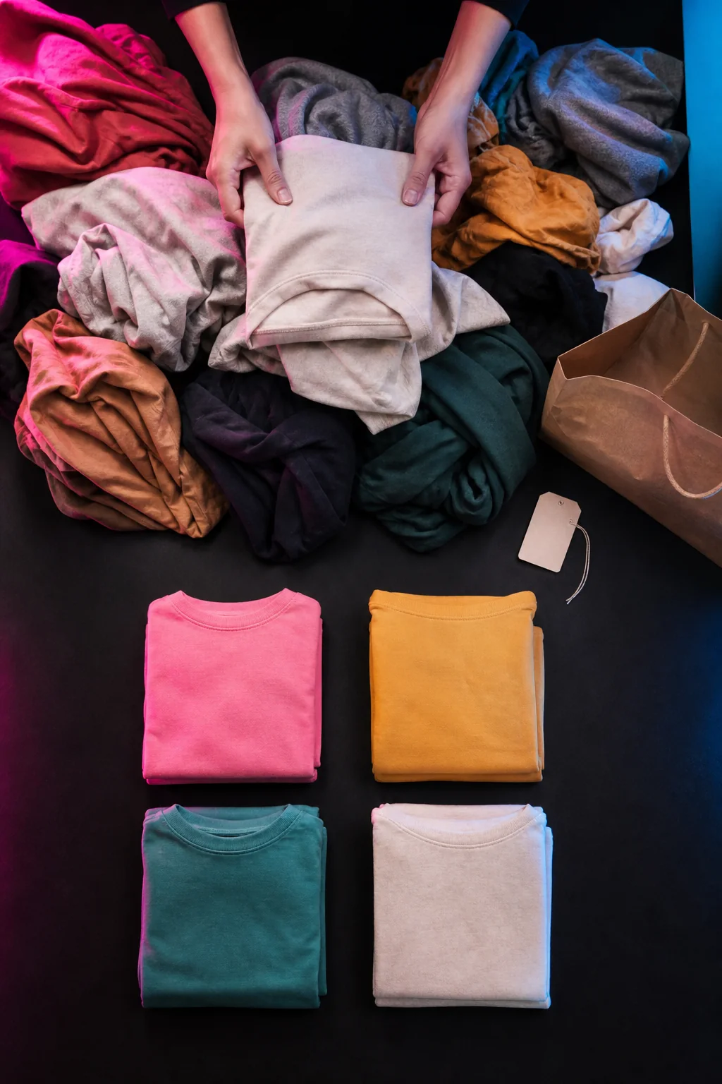 Laundry changing from an unsorted pile into neat folded stacks
